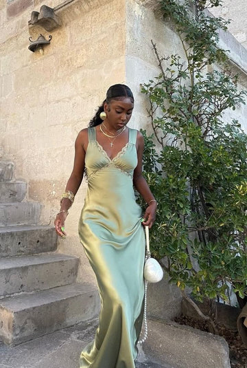 Simple Sheath Straps V Neck Green Lace Satin Party Dress Evening Dress HZ1023